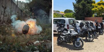 סיירת הבטחון הרכובה בהרצליה. צילום דוברות העירייה | רימון הלם הושלך בהרצליה (אילוסטרציה, עיבוד AI).