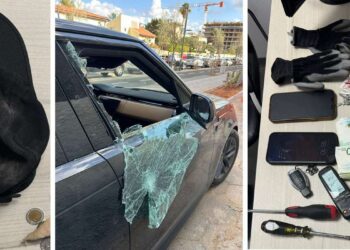 תיעוד החלון המנופץ ברכב שנפרץ וראיות שתפסו השוטרים ברשות החשוד צילום: דוברות המשטרה