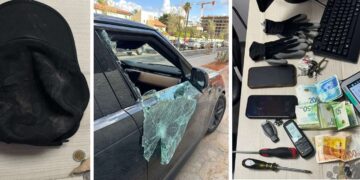 תיעוד החלון המנופץ ברכב שנפרץ וראיות שתפסו השוטרים ברשות החשוד צילום: דוברות המשטרה