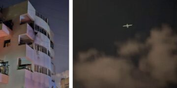 הכטב"ם בשמי הרצליה וחזית בית האבות שנפגע. צילומים:מהרשתות החברתיות בשימוש לפי סעיף 27א לחוק זכויות יוצרים