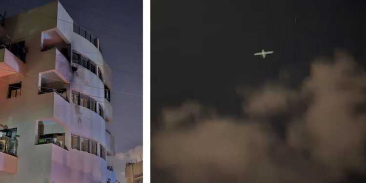 הכטב"ם בשמי הרצליה וחזית בית האבות שנפגע. צילומים:מהרשתות החברתיות בשימוש לפי סעיף 27א לחוק זכויות יוצרים