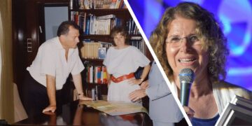 מיכאלה זידנר בלשכת ראש העיר אלי לנדאו והיום. צילומים פרטי