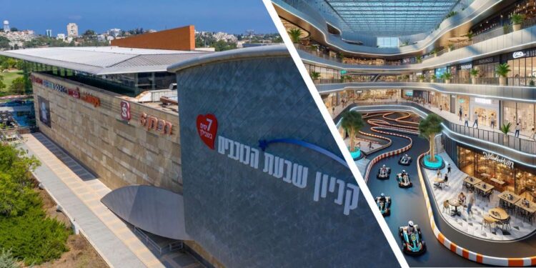 קניון שבעת הכוכבים המתחדש. מימין אילוסטרציה ב-AI. צילום משמאל: שבתאי טל