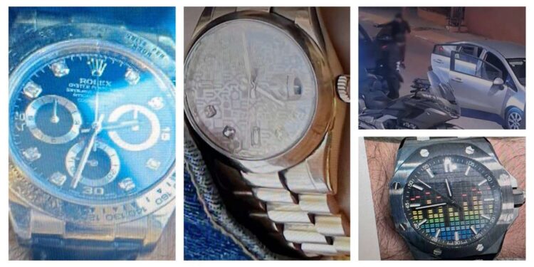 השעונים שנתפסו וצילום מתוך מצלמות המתעדות תאת השוד. צילום דוברות המשטרה.