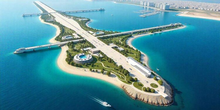 תוכנית שאפתנית להקמת אי מלאכותי בצורת מדינת ישראל מול חופי העיר. המחשה באמצעות AI