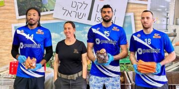 שחקני בני הרצליה במרכז הלוגיסטי של ארגון "לקט ישראל" בגן חיים. צילום באדיבות לקט ישראל