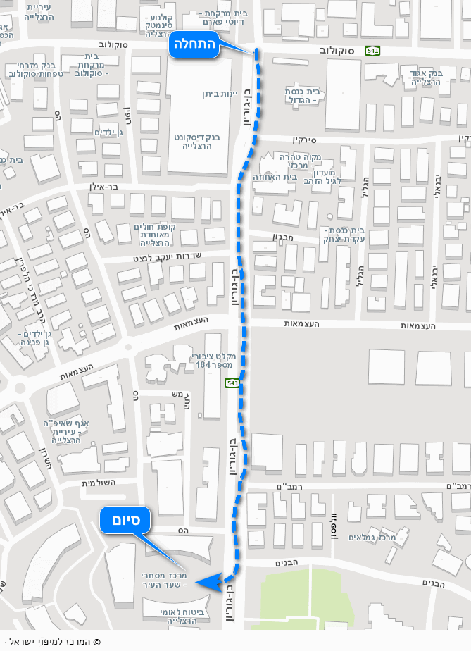 מסלול התהלוכה בהרצליה. מפה באדיבות המרכזי למיפוי ישראל