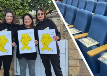 מימין הפלייר שהונח בבית הכנסת. משמאל: שלושת הפעילות שנעצרו וכעת תובעות את מפקד משטרת גלילות וסגנו. צילומים: הפעילות למען שחרור החטופים