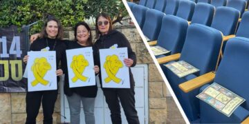 מימין הפלייר שהונח בבית הכנסת. משמאל: שלושת הפעילות שנעצרו וכעת תובעות את מפקד משטרת גלילות וסגנו. צילומים: הפעילות למען שחרור החטופים