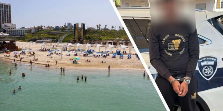 מימין: החשוד שנעצר, צילום דוברות המשטרה. משמאל חוף אכדיה בהרצליה. צילום דוברות העירייה