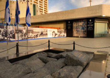 האנדרטה לזכר יצחק רבין, בדיוק במקום הרצחו בכיכר. צילום Deposit Photos