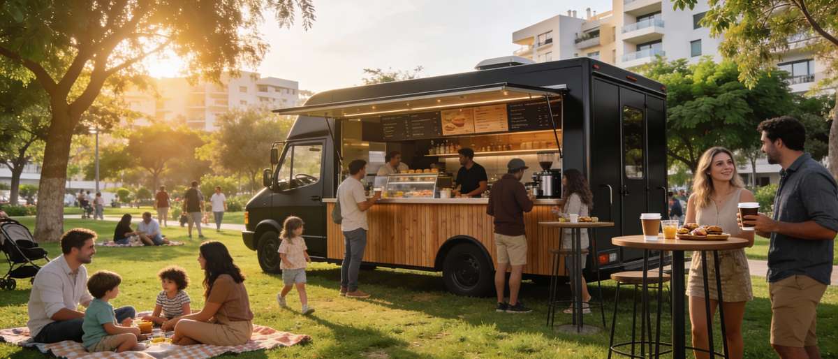 הפוד טראקס בהרצליה יסייעו להפוך את המרחב הציבורי למוקד בילוי קהילתי ולהחזיר את הדופק לחיי הרחוב העירוניים. תמונה: עיבוד AI