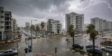 סופת ביירון: על פי התחזיות, צפויות לרדת כמויות גשם קיצוניות ואף מערכת ניקוז בארץ לא תוכל לעמוד בפניהן באופן מושלם. תמונה: עיבוד AI