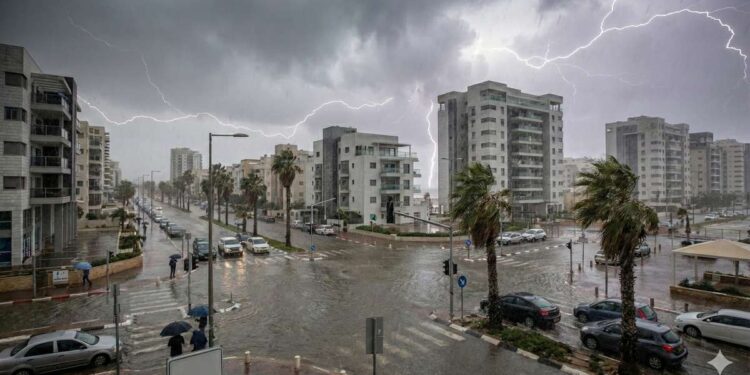 סופת ביירון: על פי התחזיות, צפויות לרדת כמויות גשם קיצוניות ואף מערכת ניקוז בארץ לא תוכל לעמוד בפניהן באופן מושלם. תמונה: עיבוד AI