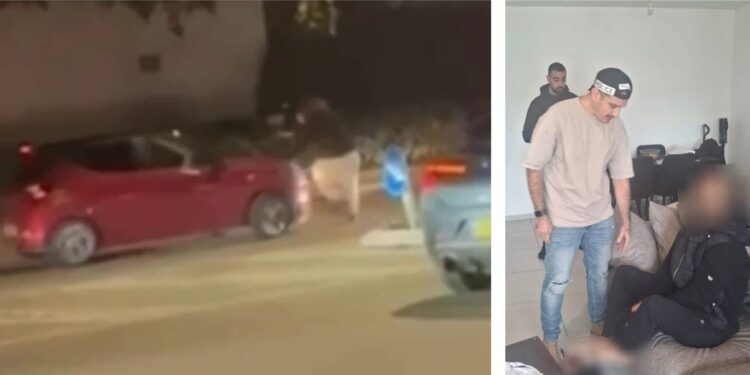 מעצרו של החשוד, לאחר ששהה בדירת מסתור. צילום דוברות המשטרה. משמאל מתוך סרטון המתעד את האירוע. צילום מהרשתות החברתיות בשימוש לפי סעיף 27א לחוק זכויות יוצרים