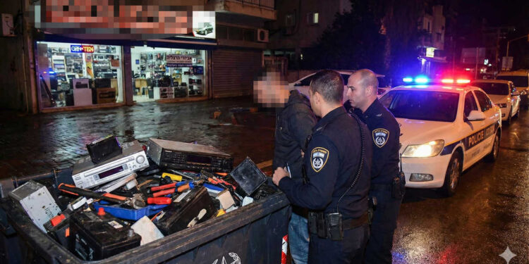 השוטרים הבחינו בחשוד כשברשותו ציוד רב שהוסלק בתוך פח אשפה. תמונה: עיבוד AI