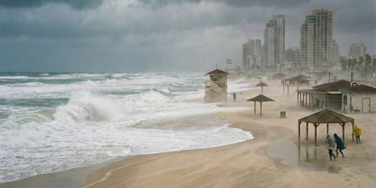 מזג אוויר חריג בעוצמתו, הכולל רוחות חזקות עם פוטנציאל לנזקים, ים סוער וגלים גבוהים במיוחד וגשמים. תמונה: עיבוד AI