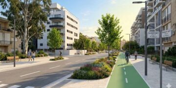 עבודות פיתוח ושדרוג תשתיות ביוב, מים, חשמל, תאורה, גינון, הרחבת המדרכות וסלילת שביל אופניים בחלק הדרומי של הרחוב. המחשה: עיבוד AI בהשראת שרטוט מדוברות העירייה