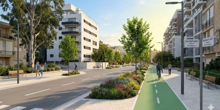 עבודות פיתוח ושדרוג תשתיות ביוב, מים, חשמל, תאורה, גינון, הרחבת המדרכות וסלילת שביל אופניים בחלק הדרומי של הרחוב. המחשה: עיבוד AI בהשראת שרטוט מדוברות העירייה