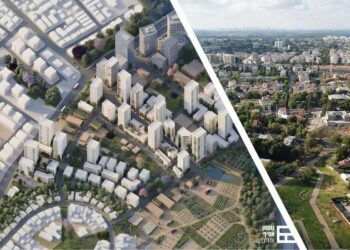 מימין: שכונת יד התשעה כיום (צילום: מערכת האתר). משמאל: תוכנית הדמיות עתידית - גוטמן אסיף אדריכלים.