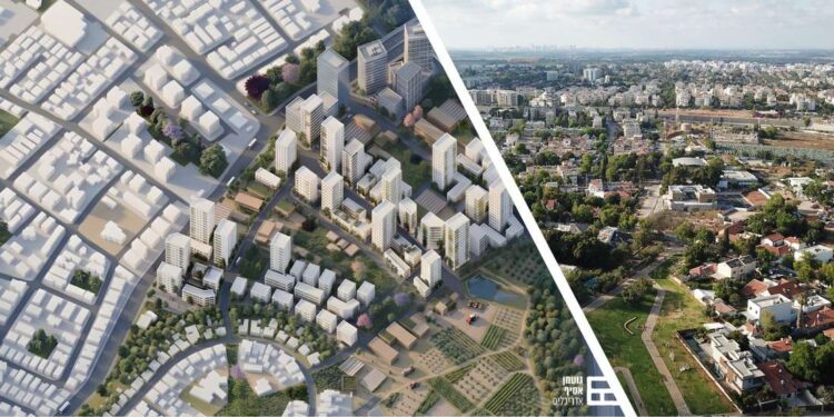 מימין: שכונת יד התשעה כיום (צילום: מערכת האתר). משמאל: תוכנית הדמיות עתידית - גוטמן אסיף אדריכלים.