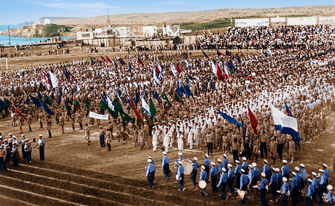 טקס הפתיחה של משחקי המכביה בשנת 1932 בת"א. מקור: ויקיפדיה. התמונה עברה רסטורציה באמצעות AI.