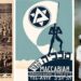יוסף יקותיאלי - הוגה רעיון המכביה ומגשימו. מימין: יקותיאלי עם שני בניו (התמונה עברה רסטורציה באמצעות AI), משמאל כרזה שהוכנה לאחר משחקי המכביה הראשונה. תמונות באדיבות משפחת יקותיאלי.