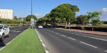 אי תנועה בהרצליה, אומנם ירוק אך בדשא סינטטי שמונע חילחול מים. צילום: מערכת האתר