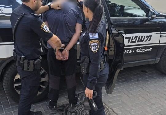 שוטרים עוצרים את החשוד בגניבת רכב שנמלט רגלית והסתתר בכפר שמריהו. צילום: דוברות המשטרה