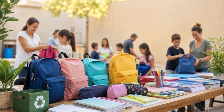 יום שלישי 25/8: מרכז הקיימות יקיים שוק החלפה, עמדת עטיפת מחברות וסדנה להכנת קלמרים משלטי חוצות. תמונה: עיבוד AI