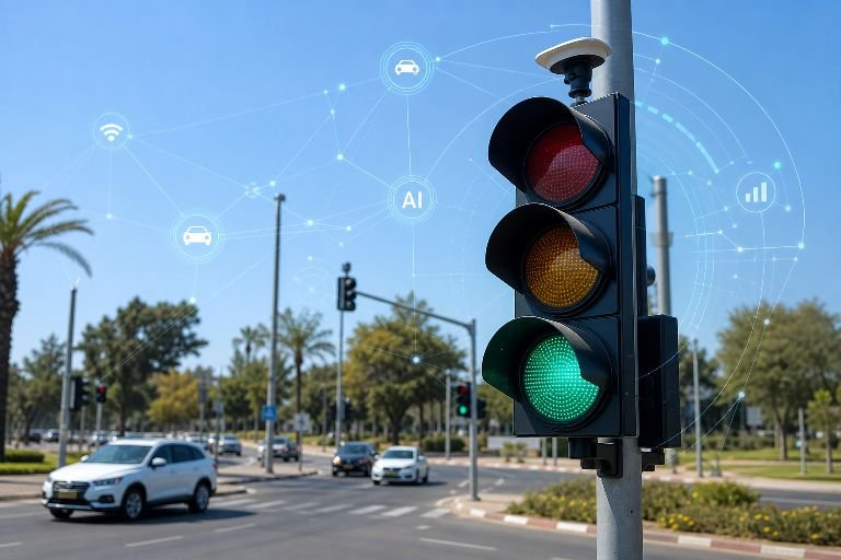 תקריב על רמזור בצומת כפר שמריהו עם הדמיית סמלי בינה מלאכותית ורשת נתונים