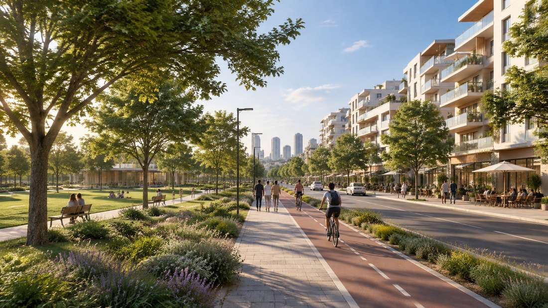המחשה עקרונית בעיבוד AI: פארק לינארי, שבילי הליכה ורכיבה ובנייה עירונית מדורגת הם מעקרונות התכנון המוצעים ברובע דרום־מערב. ההמחשה אינה הדמיה רשמית ואינה משקפת את התכנון הסופי.