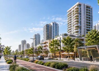 מתחם בן־גוריון במרכז הרצליה צפוי לעבור התחדשות עירונית הכוללת מגורים, מסחר, שטחים ציבוריים וחיבור עתידי לתחנת המטרו בן־גוריון. הדמיה באמצעות AI