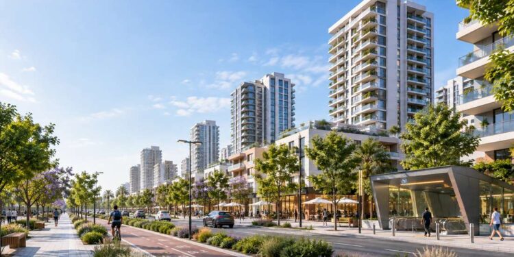 מתחם בן־גוריון במרכז הרצליה צפוי לעבור התחדשות עירונית הכוללת מגורים, מסחר, שטחים ציבוריים וחיבור עתידי לתחנת המטרו בן־גוריון. הדמיה באמצעות AI
