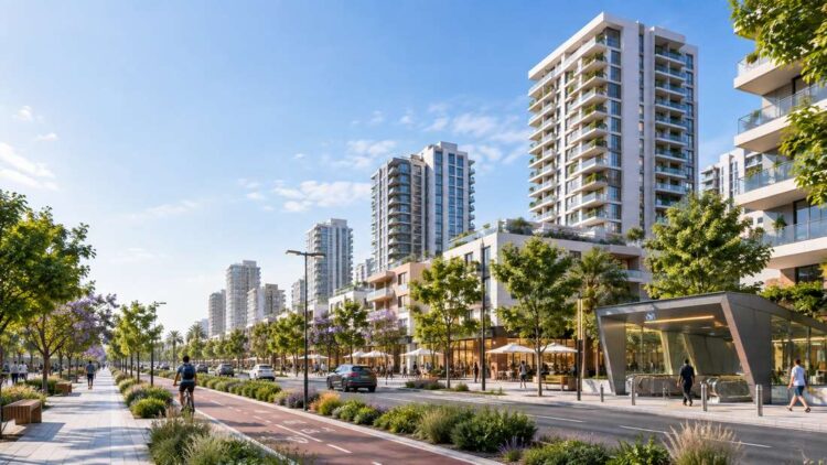 מתחם בן־גוריון במרכז הרצליה צפוי לעבור התחדשות עירונית הכוללת מגורים, מסחר, שטחים ציבוריים וחיבור עתידי לתחנת המטרו בן־גוריון. הדמיה באמצעות AI