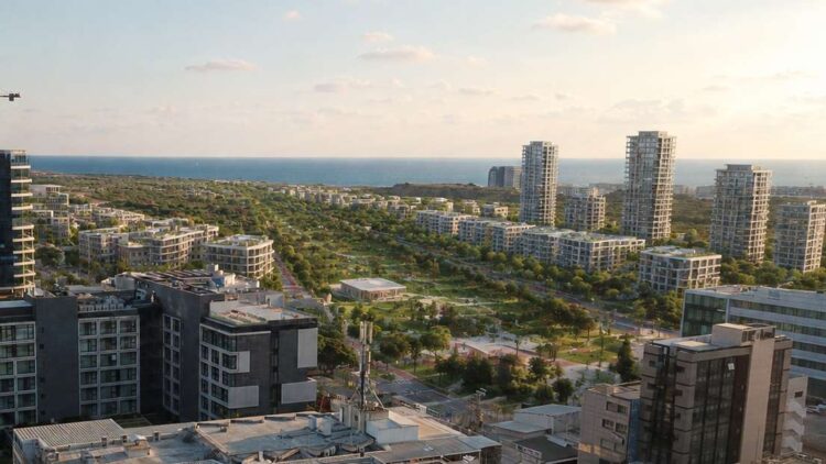 המחשת AI על בסיס צילום רחפן: רובע דרום־מערב המתוכנן במערב הרצליה. ההמחשה אינה הדמיה רשמית.