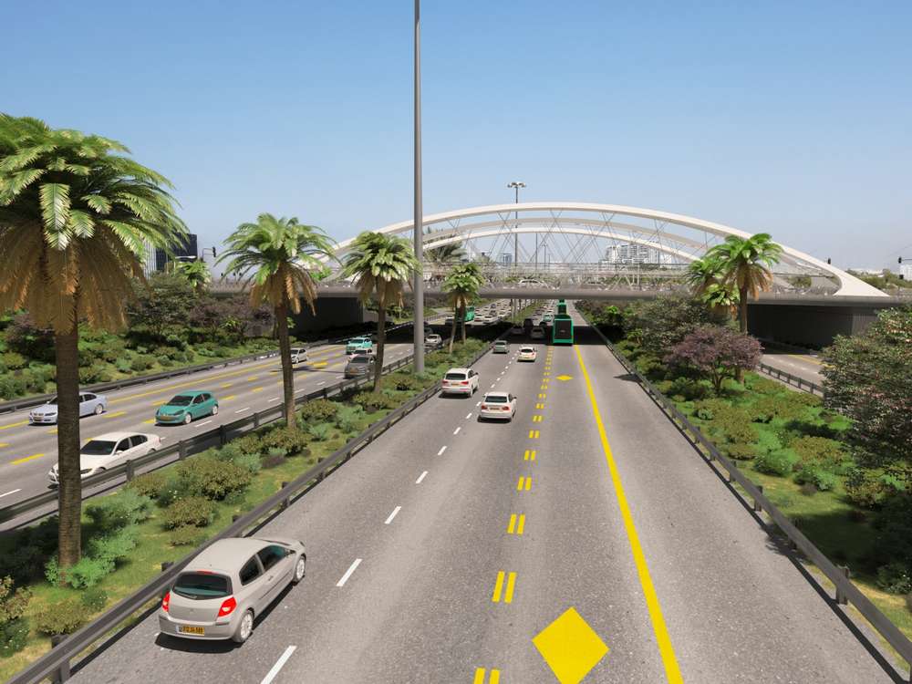. במקום התכנון המקורי, שכלל לולאות כביש רחבות, התכנון החדש מבוסס על עקרון "דיאטת כבישים" (Road Diet), המאפשר לשמור על יעילות תחבורתית באמצעות מבנה קומפקטי יותר. המחשה: אדר' עירית רז לוינסקי, י.ע.ל אדריכלות.