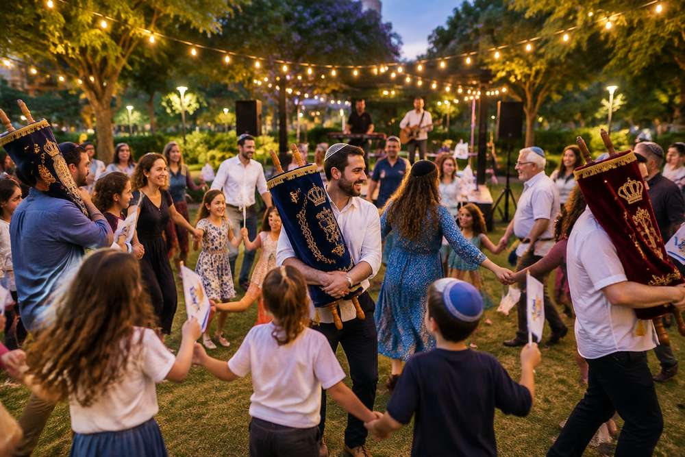 שבת החג תשלב הצגת ילדים ואירועי הקפות שניות בכמה שכונות ברחבי העיר. תמונה: עיבוד AI