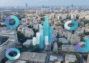 צילום הרצליה ממבט על, עם הים באופק, בשילוב תרשימי עוגה, טבעת ועמודות תלת־ממדיים להמחשת ניתוח נתוני ההצבעה בעיר.