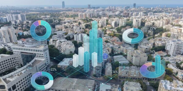 צילום הרצליה ממבט על, עם הים באופק, בשילוב תרשימי עוגה, טבעת ועמודות תלת־ממדיים להמחשת ניתוח נתוני ההצבעה בעיר.